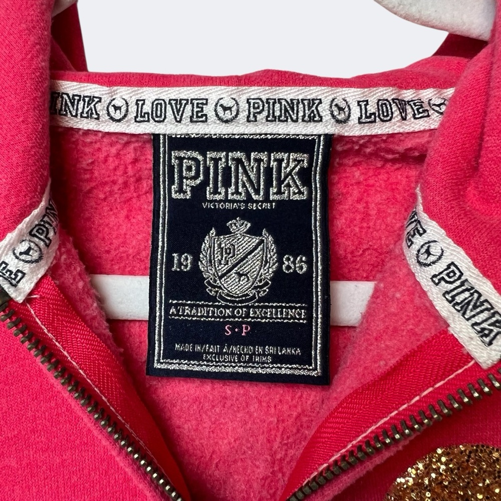 PINK Victoria's Secret Sequin “Love Pink” Zip Hoodie Pink Glitter Heart Size S - Picture 9 of 11